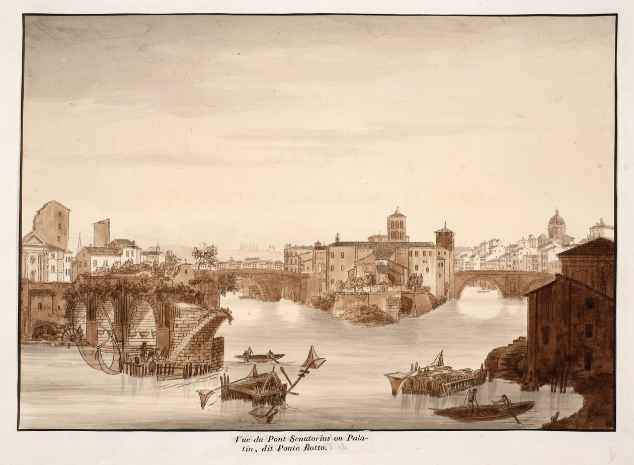 Palatine或Senatorius桥的视图，称为Ponte Rotto，1833年（用棕色水洗蚀刻） 作者 阿戈斯蒂诺·托法内利