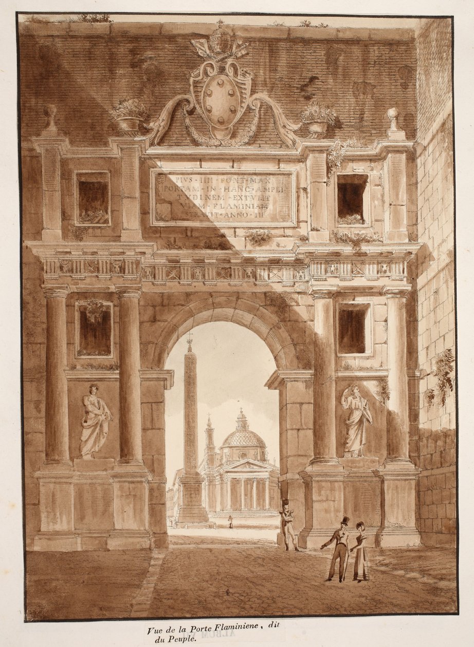 1833年Porta Flaminia或Porta del Popolo的视图（用棕色水洗蚀刻） 作者 阿戈斯蒂诺·托法内利