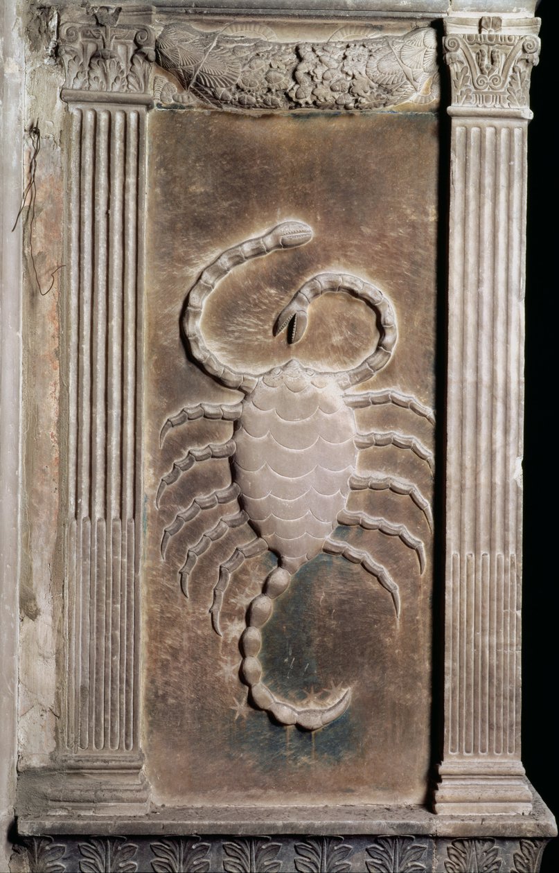 天蝎座代表蝎子，描绘行星符号和黄道十二宫的一系列浮雕，c.1450（石膏） 作者 阿戈斯蒂诺·迪杜乔