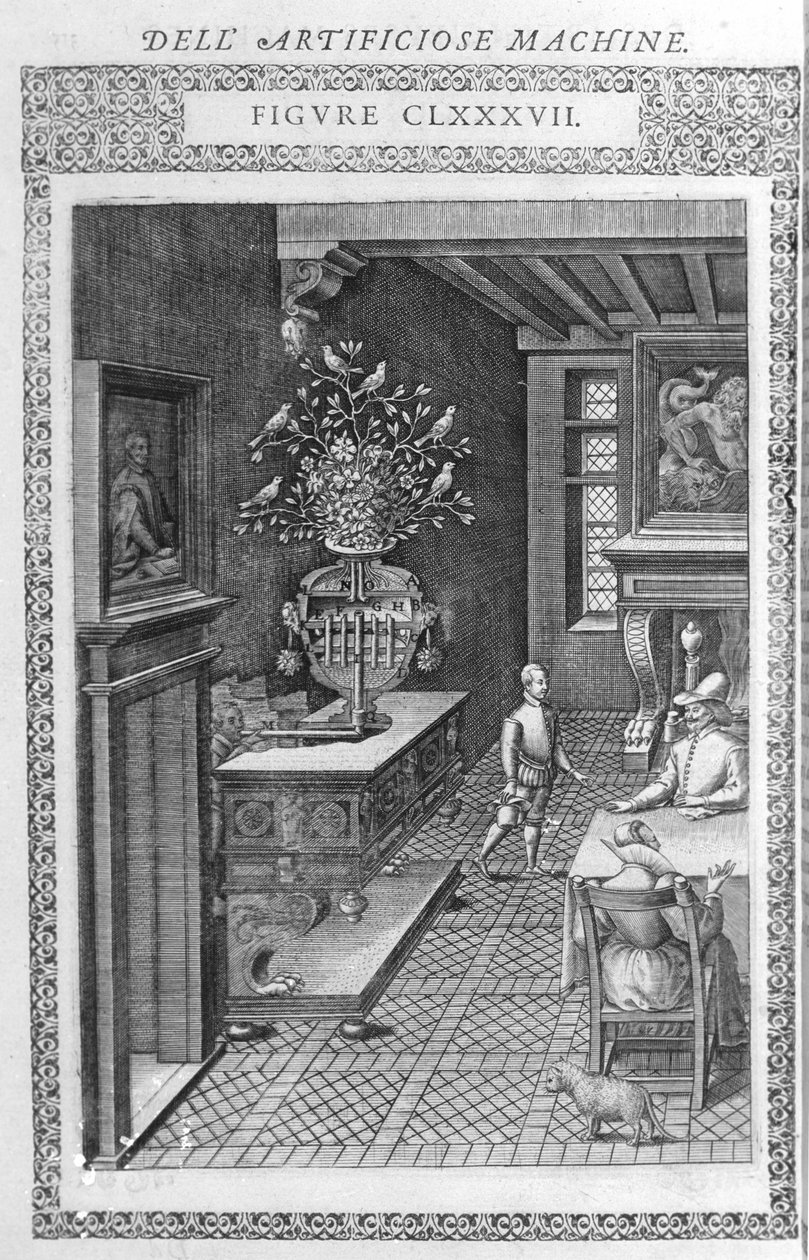 Fountain with fake birds singing. This is a project by Agostino Ramelli, according to “” Diverse and Artificiosis Machine””. Milan 1600. 作者 Agostino（之后）Ramelli