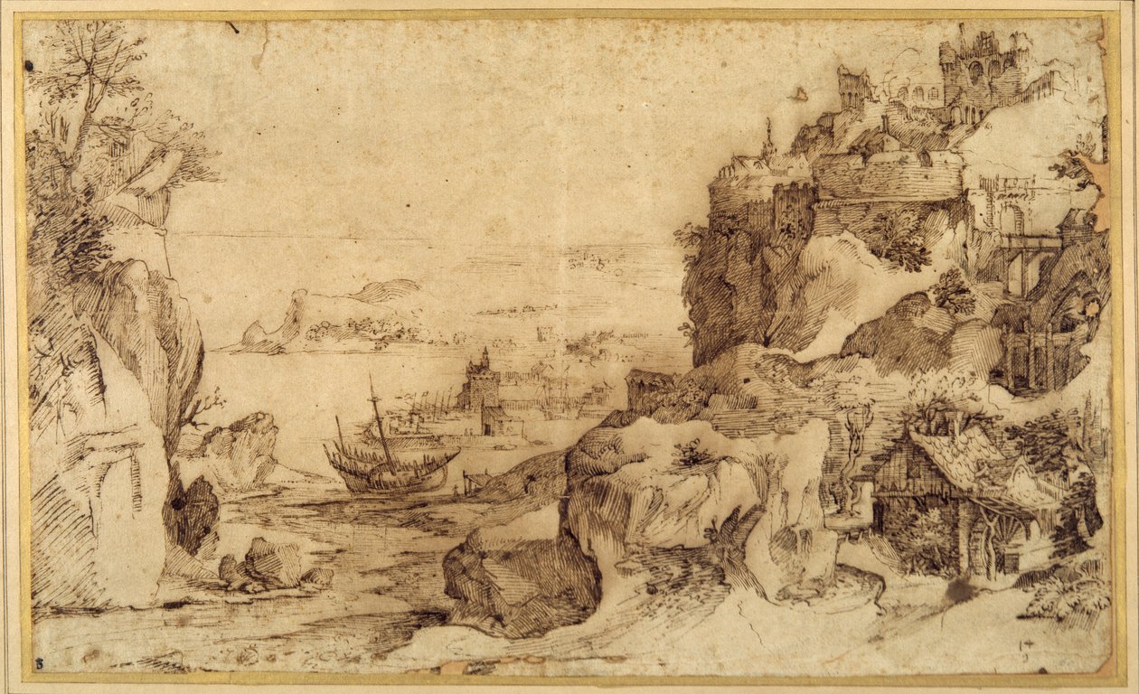 坚固港口的下景（纸上钢笔和棕色墨水 作者 Agostino (attr. To) Carracci