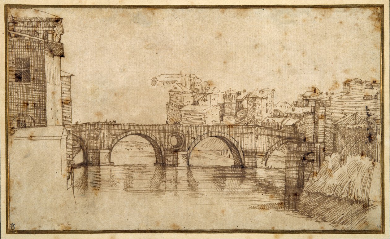 罗马的提伯利亚岛（纸上钢笔和棕色墨水 作者 Agostino (attr. To) Carracci