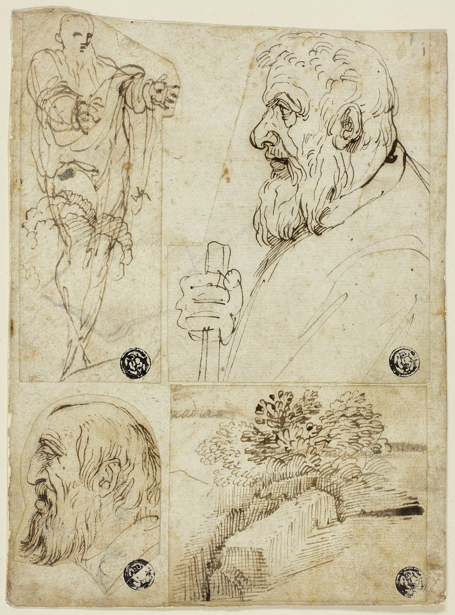 四幅素描：男性立像；大胡子的侧面半身像；大胡子的侧面头像；风景画 作者 阿戈斯蒂诺·卡拉奇（Agostino Carracci）