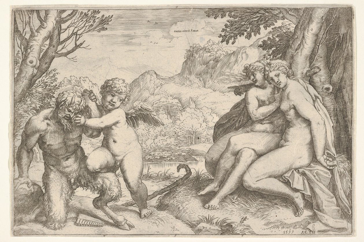 爱情征服了所有奥米娜·阿莫尔（Omnia vincit Amor），在与色狼阿莫尔（Amor）的斗争中，他的右手...，1599 作者 阿戈斯蒂诺·卡拉奇（Agostino Carracci）