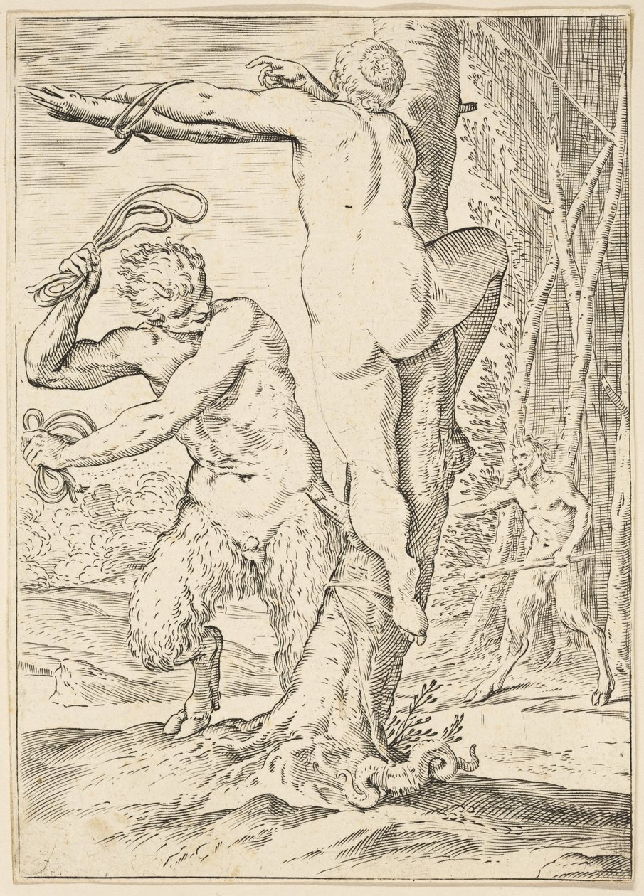 萨特鞭打若虫，约1590-95 作者 阿戈斯蒂诺·卡拉奇（Agostino Carracci）