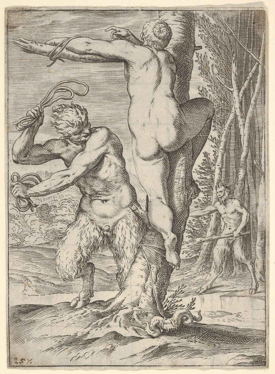 萨特（Satyr）鞭打一个若虫，从后面看到并绑在树上，第二个萨蒂...， 1590-95。 作者 阿戈斯蒂诺·卡拉奇（Agostino Carracci）