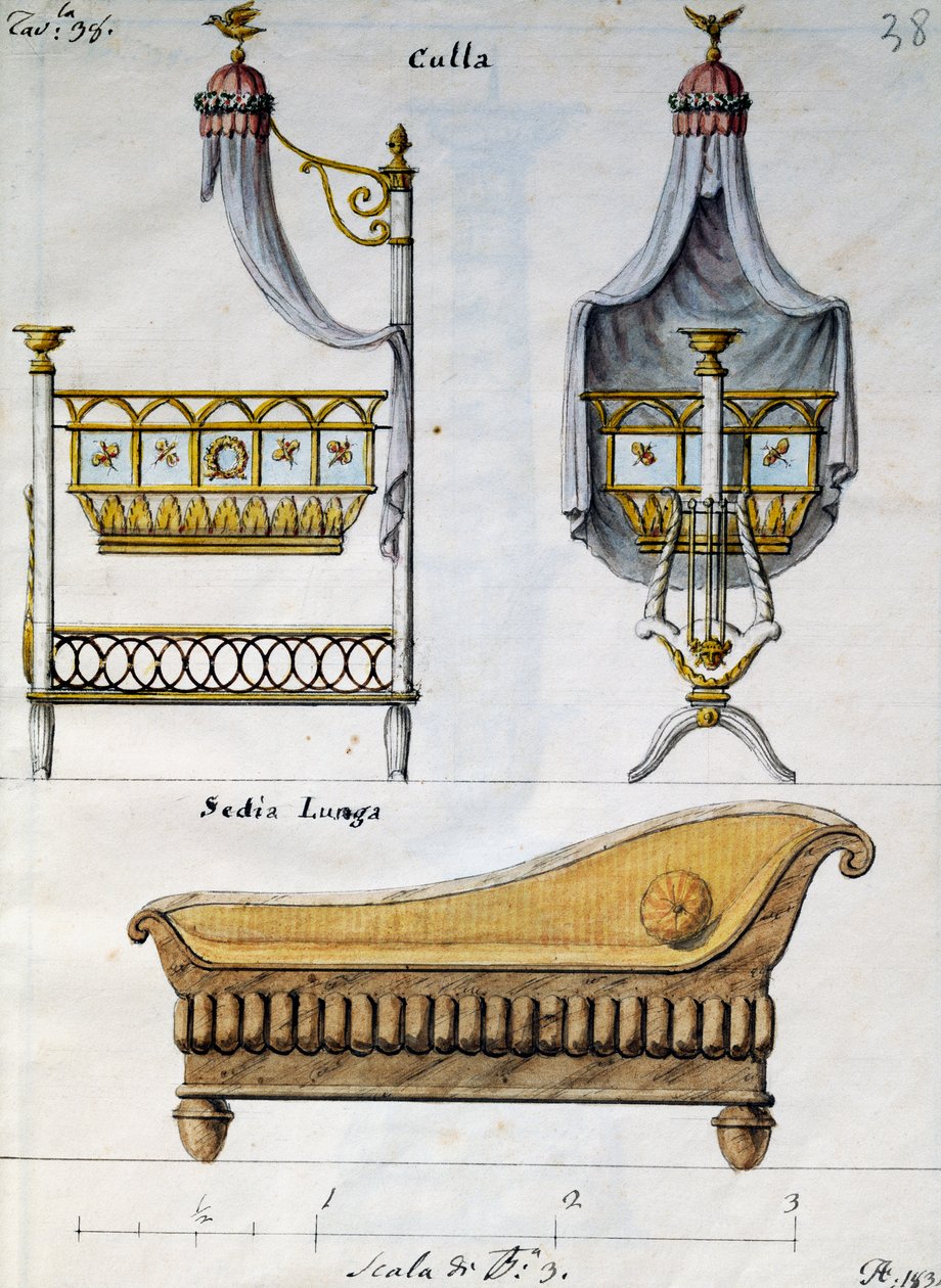 婴儿床和沙发，来自Lavori di falegname e Fabbro ideati e disegnati da me Agostino Fantastici（由我Agostino Fantastici构思和设计的木匠和锁匠的作品），手稿3，图版38 作者 阿戈斯蒂诺幻想曲