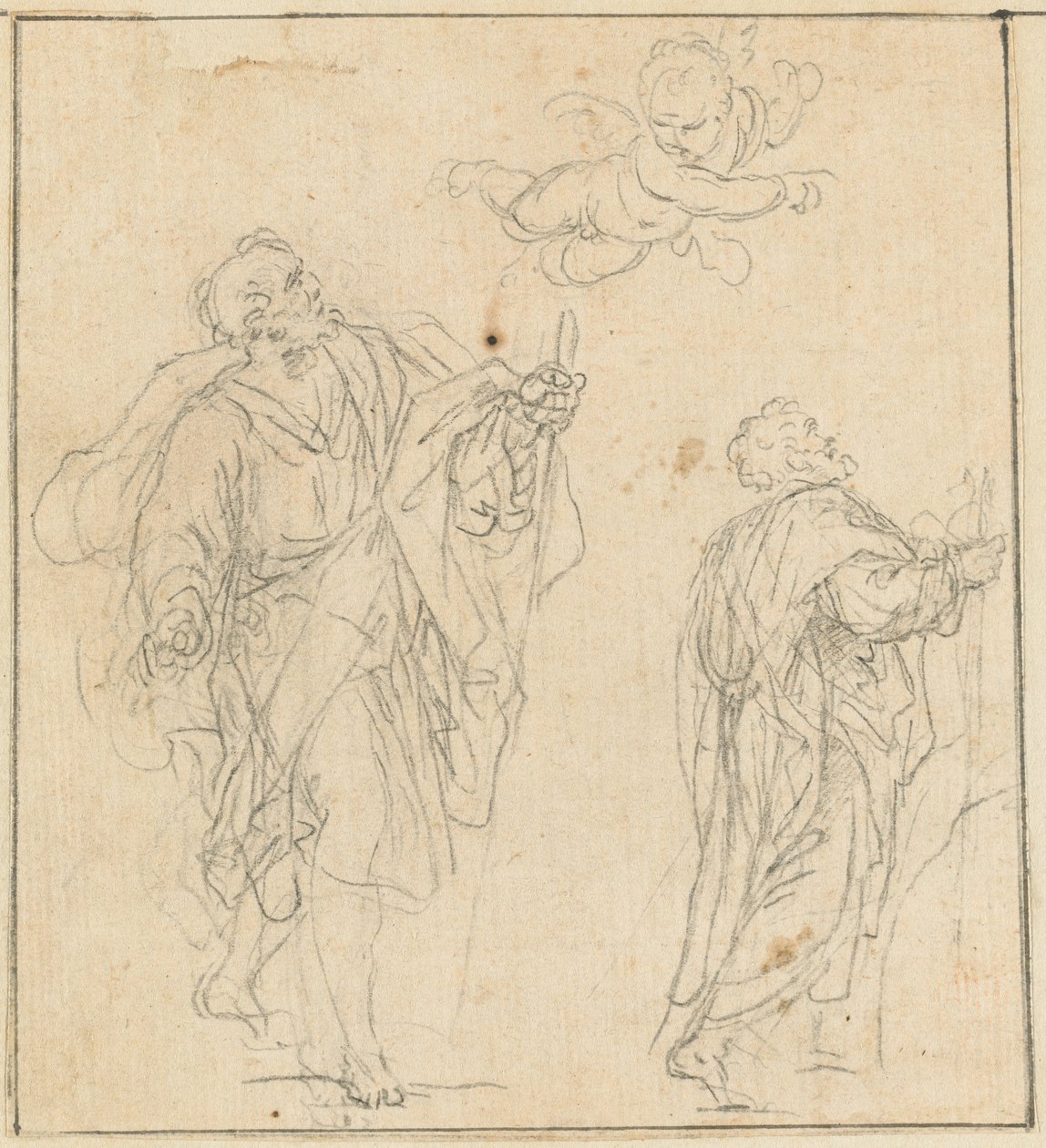 天使指引的使徒（黑色粉笔画，纸张平铺） 作者 阿戈斯蒂诺·马西奇（Agostino Masucci）