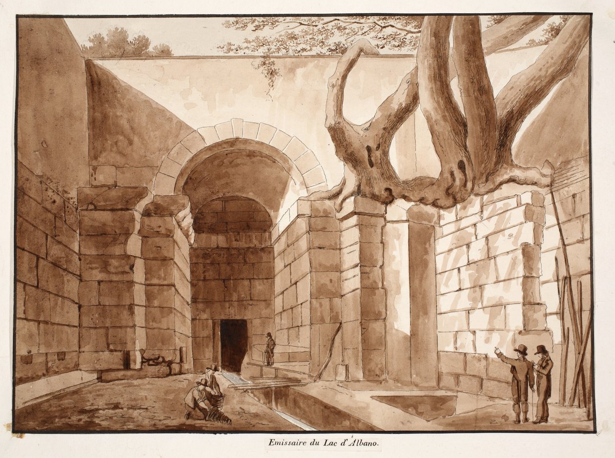 阿尔巴诺湖的Emissarium，1833年（用棕色水洗蚀刻） 作者 阿戈斯蒂诺·托法内利
