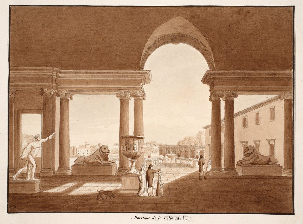 Villa Medici的门廊，1833年（用棕色水洗蚀刻） 作者 阿戈斯蒂诺·托法内利