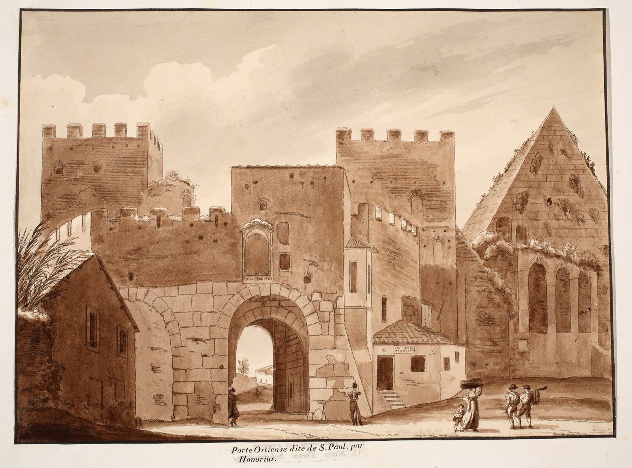 Porta Ostiensis或San Paolo，由Honorius建造，1833年（用棕色水洗蚀刻） 作者 阿戈斯蒂诺·托法内利