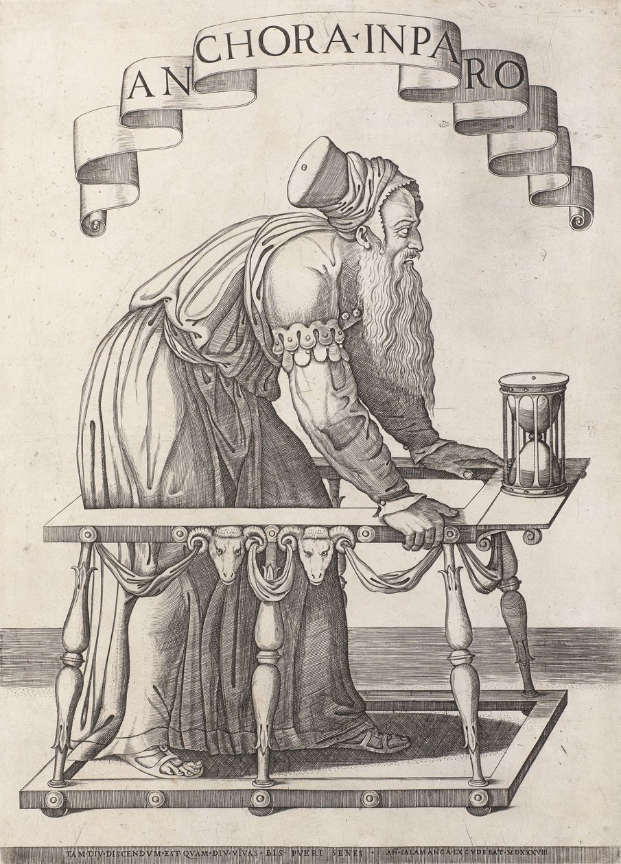 老年寓言
Anchora inparo（物品上的标题） 作者 Agostino Veneziano (归因于)
