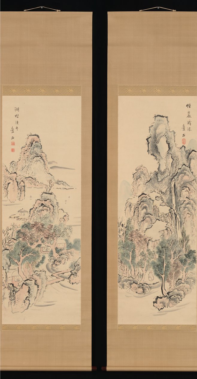 梦幻般的岩石与瀑布，湖边的渔船，19世纪上半叶的Hamlet。 作者 相石