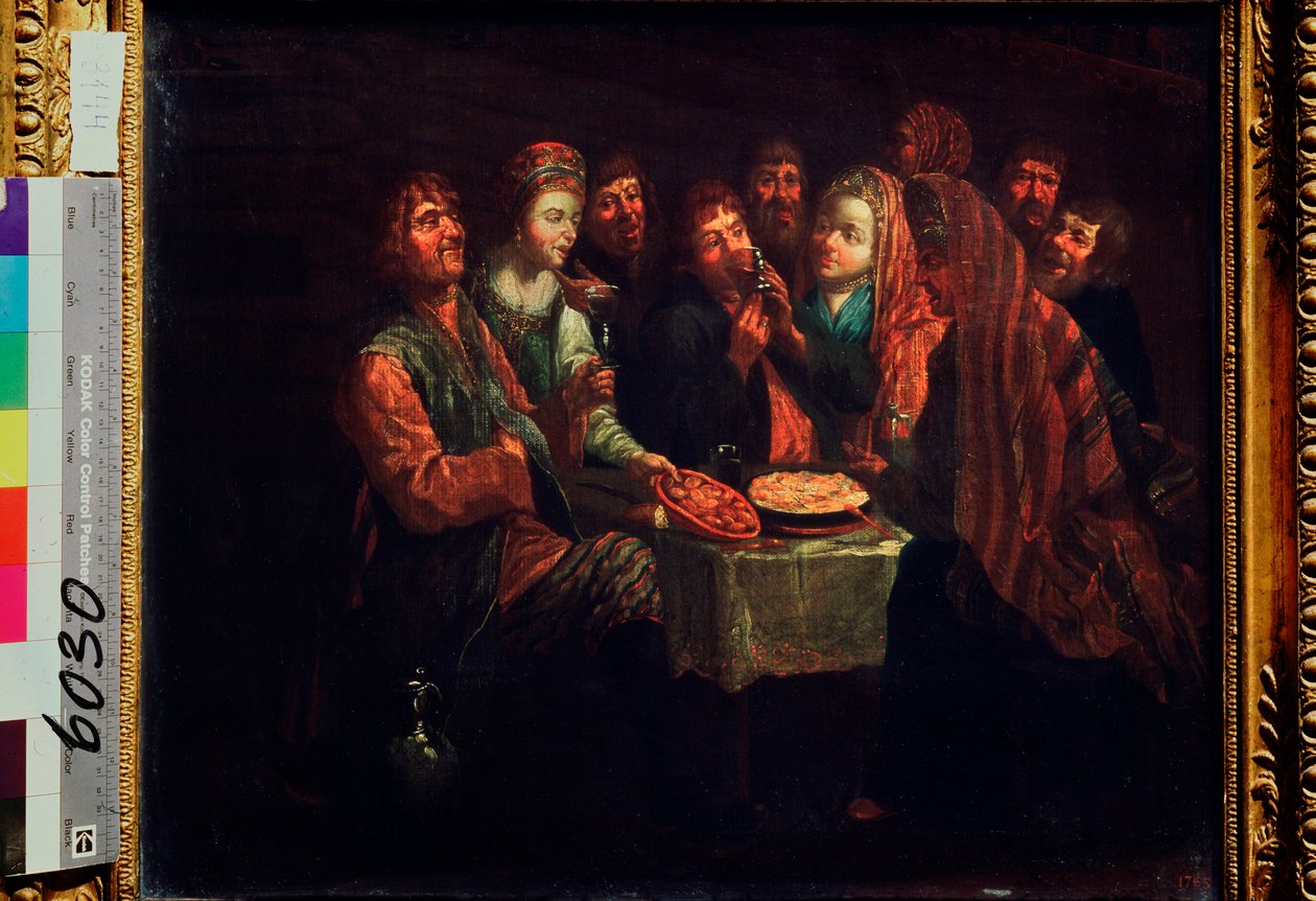 农民盛宴 - 阿尔·维什尼亚科夫 (Al Vishnyakov) 绘画（18 世纪上半叶），布面油画，18 世纪俄罗斯艺术 - 俄罗斯国家博物馆，圣彼得堡 作者 阿尔维什涅科夫