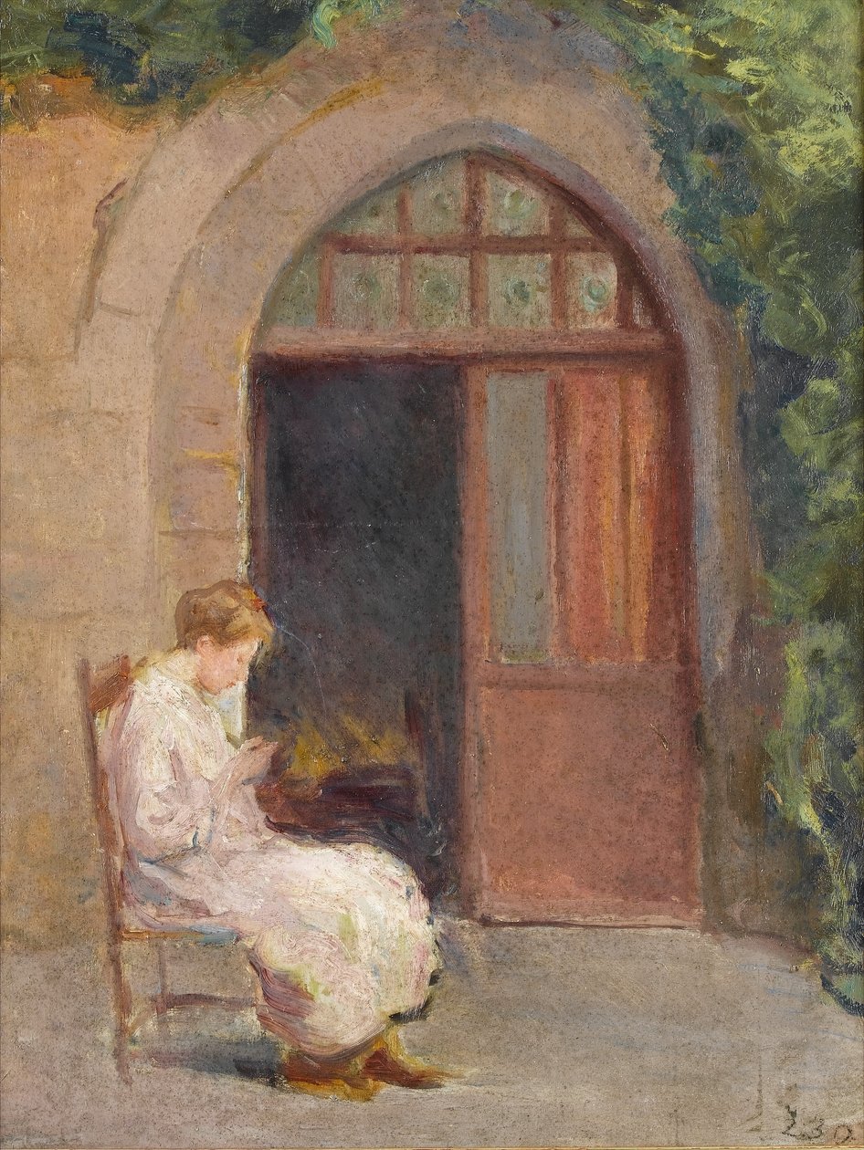 女孩坐在La Boissiere外面，c.1909 作者 阿尔伯特·德·贝勒罗什