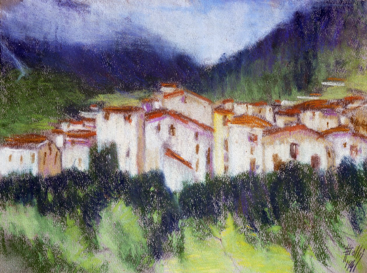 高山风景，阿尔贝里科·巴尔比·瓦利埃（Alberico Balbi Valier，约 1869-1910 年）创作，纸上粉彩，24x32 厘米。 意大利 作者 阿尔贝里科·巴尔比·瓦利埃
