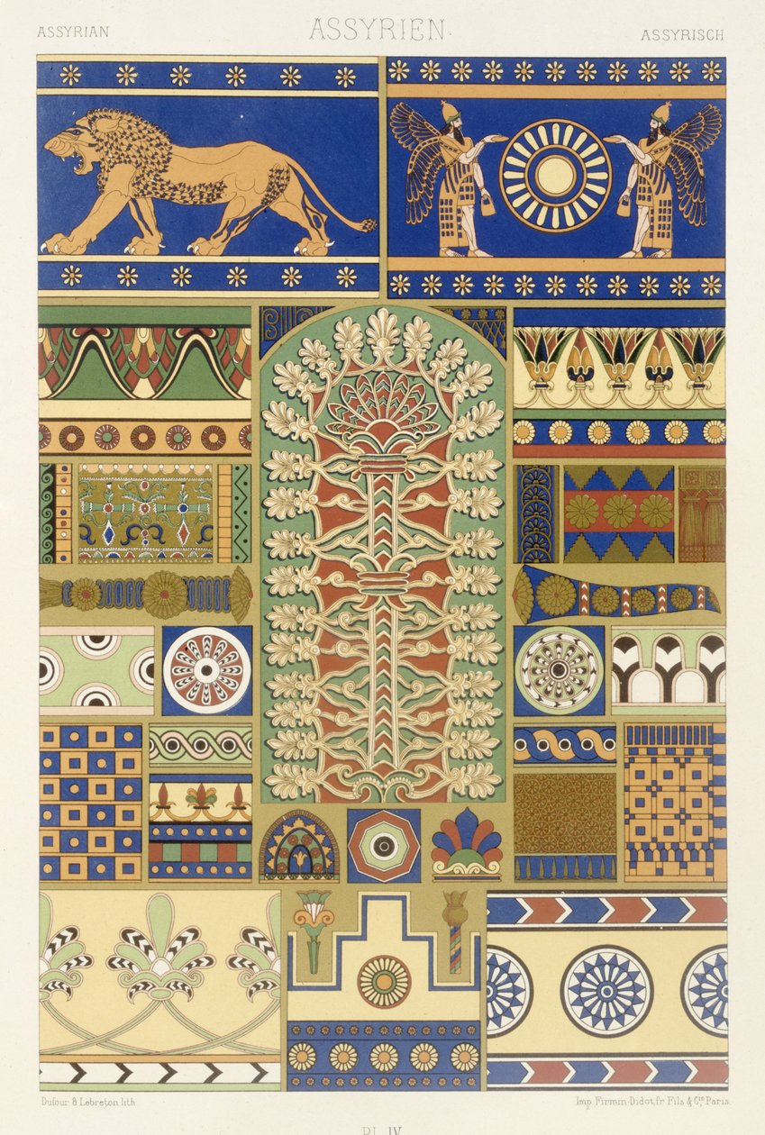 Assyrian Style，来自&39;Polychrome Ornament&39;的第XVII板，由Dufour和Lebreton雕刻，于1869年在巴黎出版 作者 阿尔伯特·查尔斯·奥古斯特·拉西内