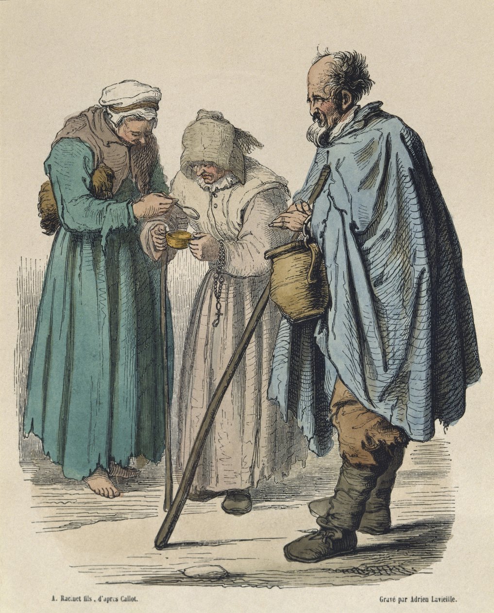 Jacques Callot（1592-1635）雕刻Adrien Lavieille（1818-62）（彩色雕刻）后的乞丐 作者 阿尔伯特·查尔斯·奥古斯特·拉西内