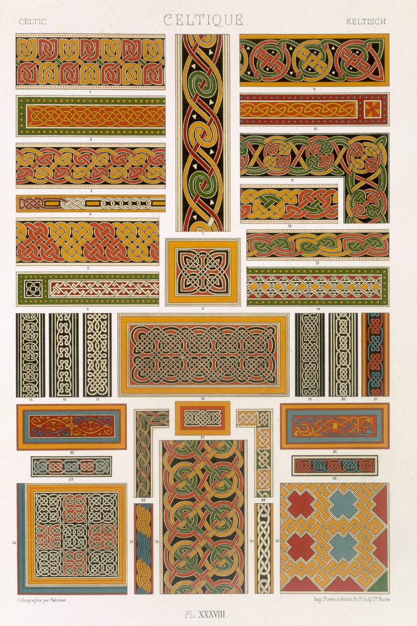 凯尔特风格，来自&39;Polychrome Ornament&39;的XXXVIII版，由Painleve雕刻，于1869年在巴黎出版 作者 阿尔伯特·查尔斯·奥古斯特·拉西内
