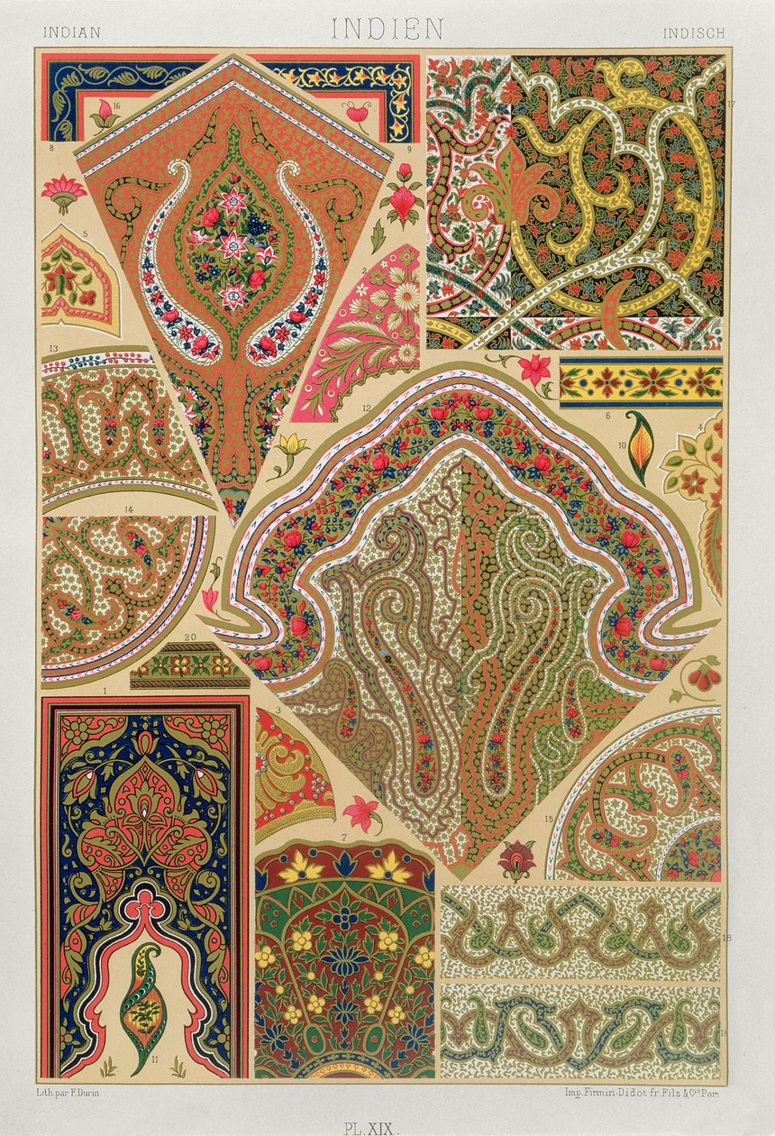 印度装饰，来自&39;Polychrome Ornament&39;的XIX版，由F. Durin雕刻，于1869年在巴黎出版 作者 阿尔伯特·查尔斯·奥古斯特·拉西内