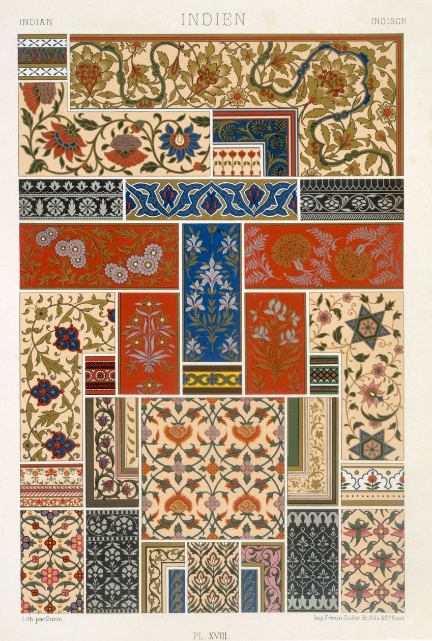 印度风格，由F.Durin雕刻的&39;Polychrome Ornament&39;版的XVIII版，于1869年在巴黎出版 作者 阿尔伯特·查尔斯·奥古斯特·拉西内