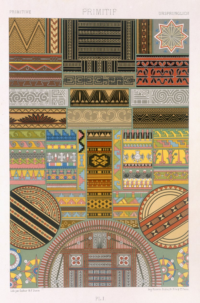 Primitif Style，来自&39;Polychrome Ornament&39;的板块，由F. Durin雕刻，于1869年在巴黎出版 作者 阿尔伯特·查尔斯·奥古斯特·拉西内