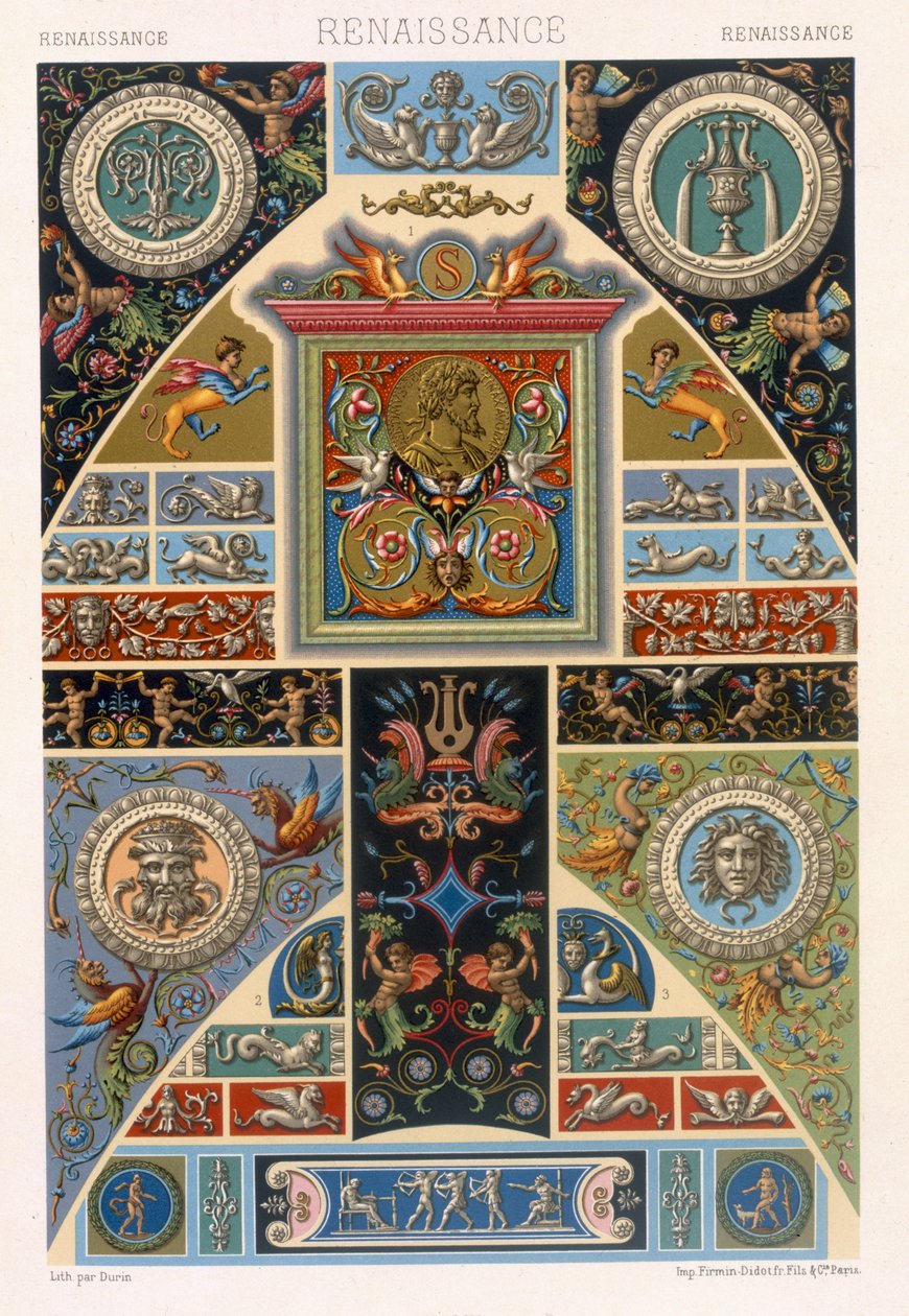 文艺复兴风格，由F. Durin雕刻的&39;Polychrome Ornament&39;版LIL，于1869年在巴黎出版 作者 阿尔伯特·查尔斯·奥古斯特·拉西内