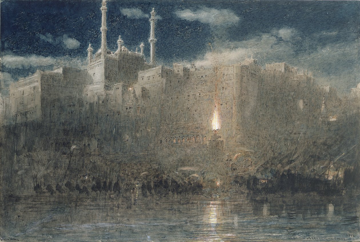 贝纳雷斯，月光，1916年（笔和墨水与纸张上的身体颜色） 作者 阿尔伯特·古德温