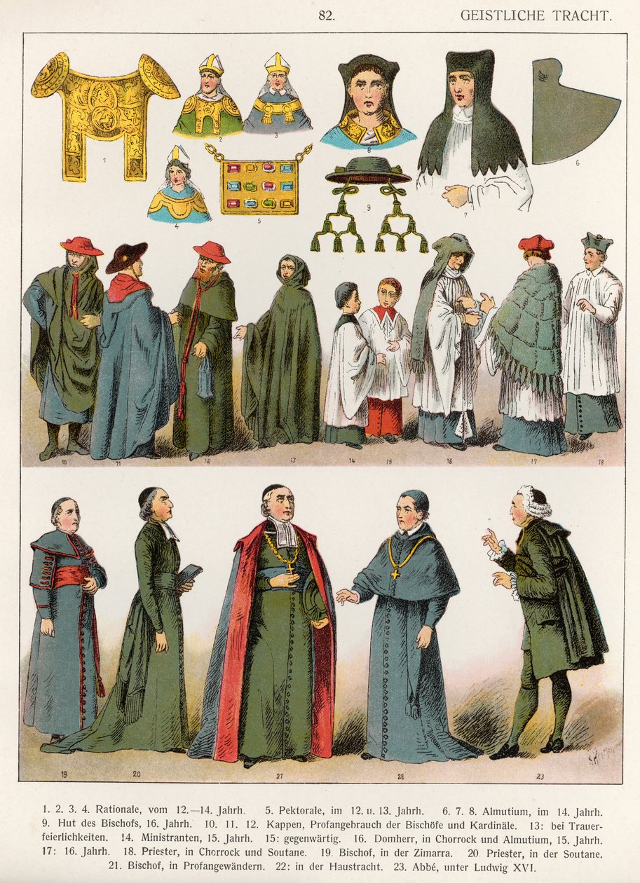 教会礼服，c.1100-1500，来自&39;Trachten der Voelker&39;，1864年（彩色石版画） 作者 阿尔伯特·克莱奇默
