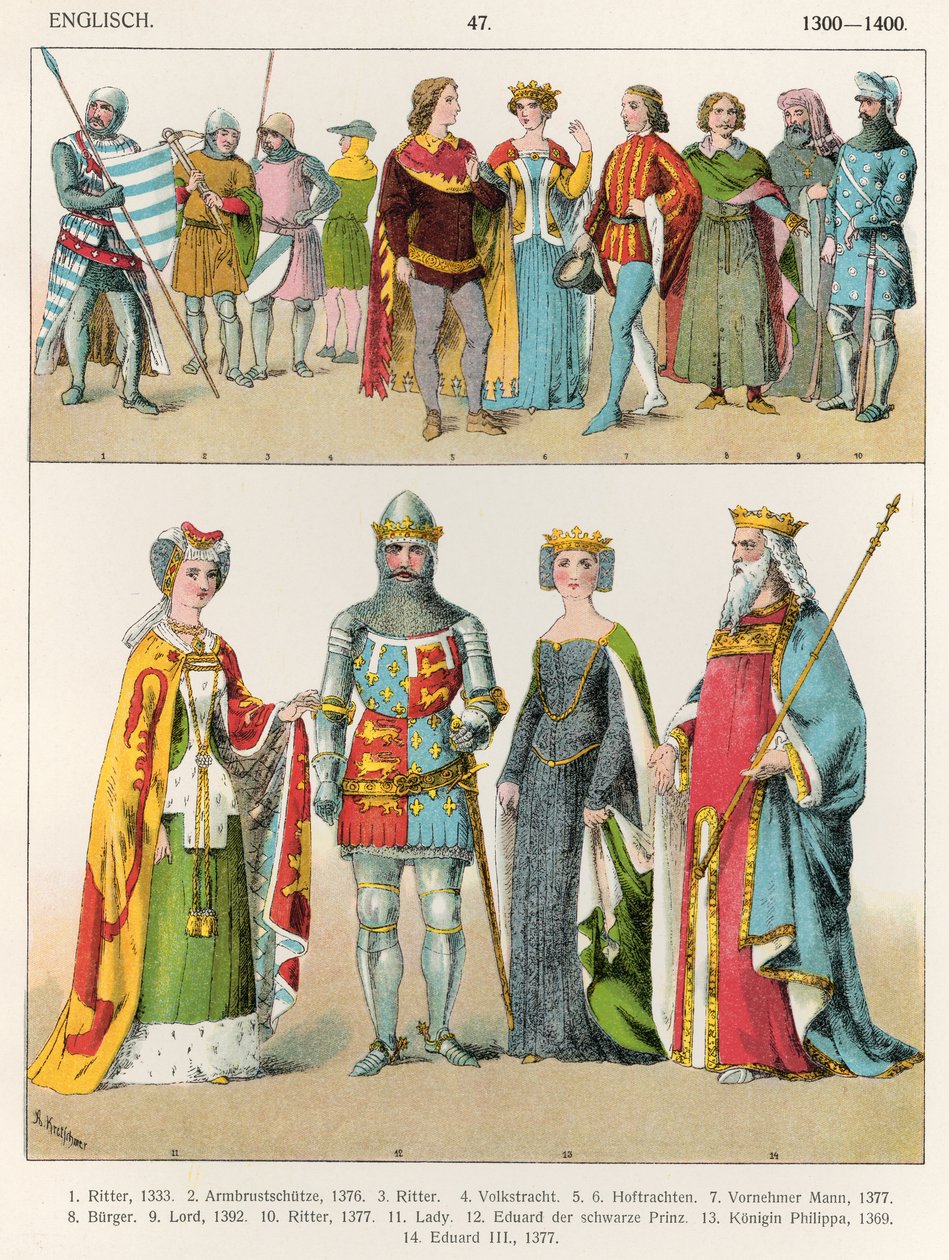 英国着装，c.1300-1400，来自&39;Trachten der Voelker&39;，1864年 作者 阿尔伯特·克莱奇默