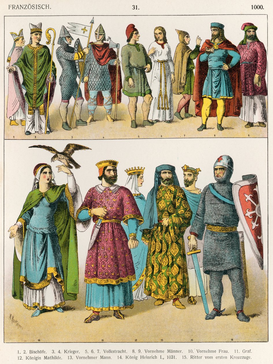法国着装，c.1000，来自&39;Trachten der Voelker&39;，1864年 作者 阿尔伯特·克莱奇默