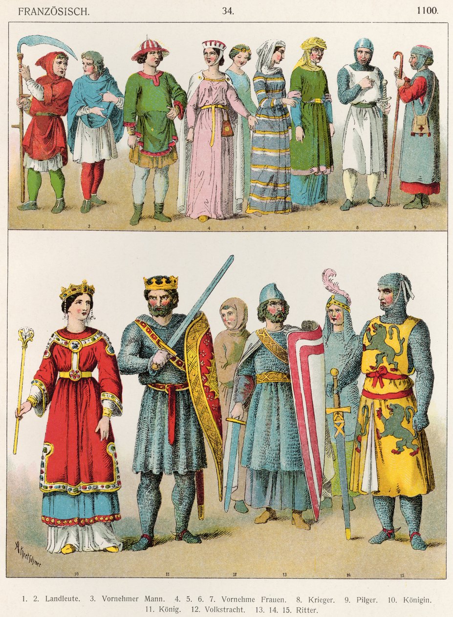 法国着装，c.1100，来自&39;Trachten der Voelker&39;，1864年 作者 阿尔伯特·克莱奇默