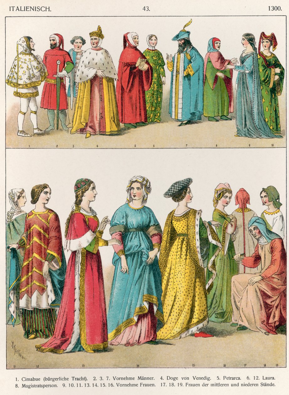 意大利连衣裙，c.1300，来自&39;Trachten der Voelker&39;，1864年（彩色石版画） 作者 阿尔伯特·克莱奇默