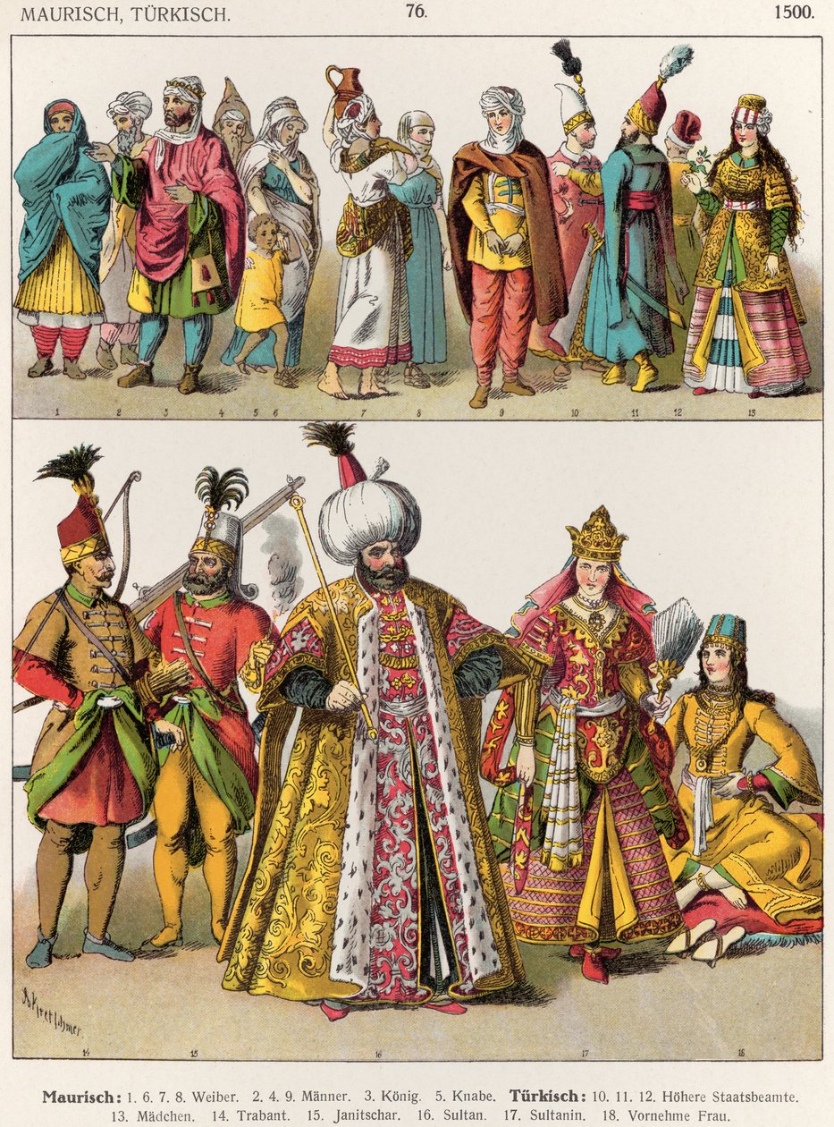 Moorish and Turkish Dress，c.1500，来自&39;Trachten der Voelker&39;，1864年 作者 阿尔伯特·克莱奇默