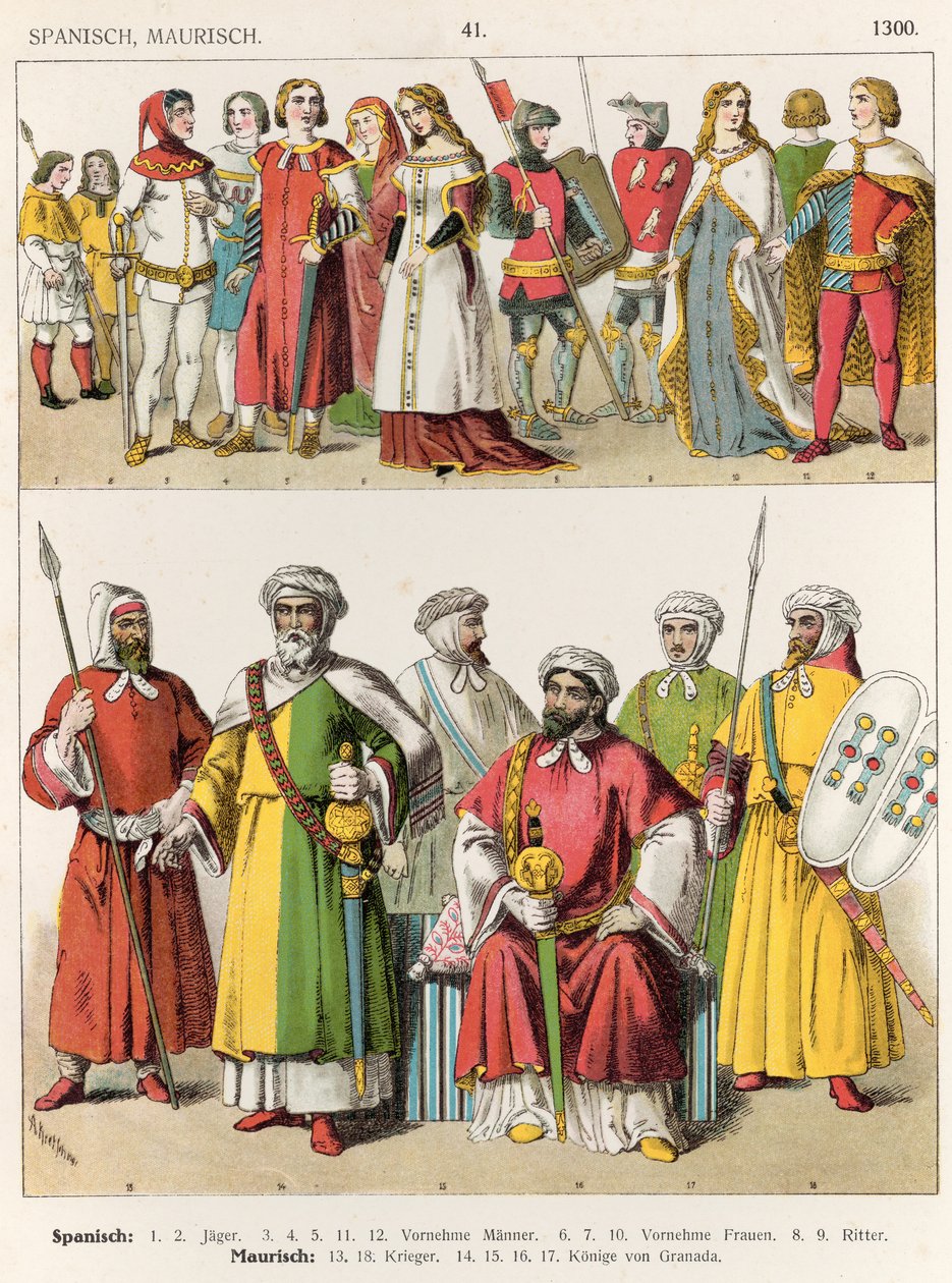 西班牙和摩尔人服饰，c.1300，来自&39;Trachten der Voelker&39;，1864年（彩色石版画） 作者 阿尔伯特·克莱奇默