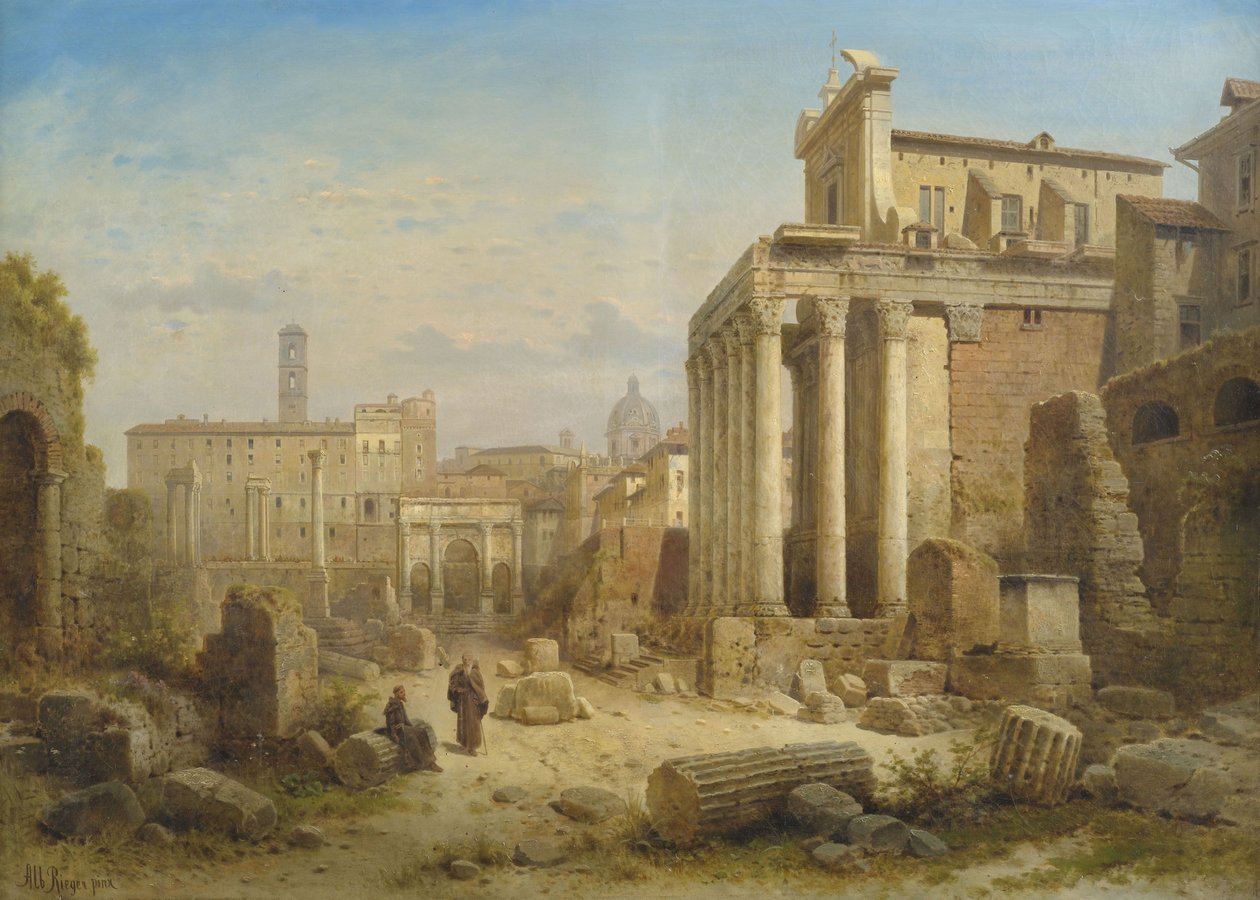 与Septimius Severus曲拱和Faustina和Antonius Pius寺庙的罗马广场的看法。 作者 阿尔伯特·里格