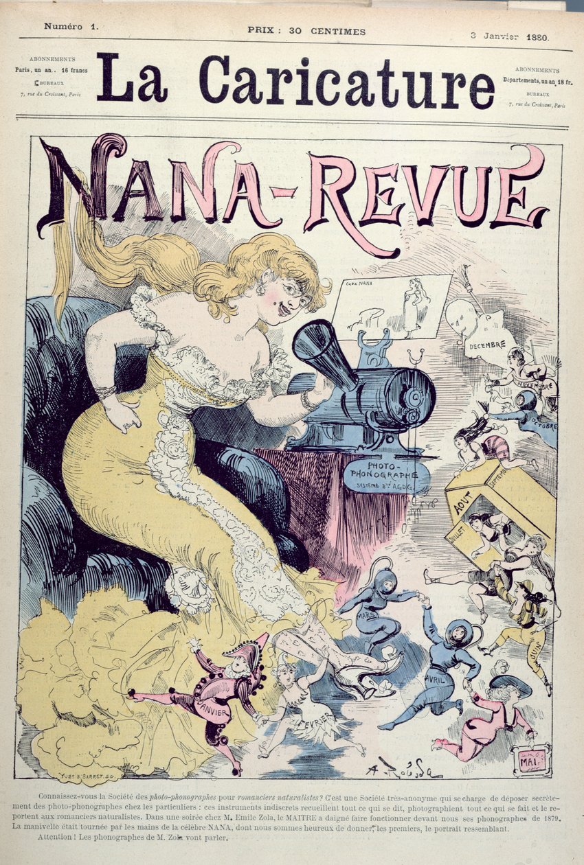 &39;Nana-Revue&39;，讽刺Emile Zola的作品和现实主义小说，来自&39;La Caricature&39;，1880年1月3日 作者 阿尔伯特·罗比达