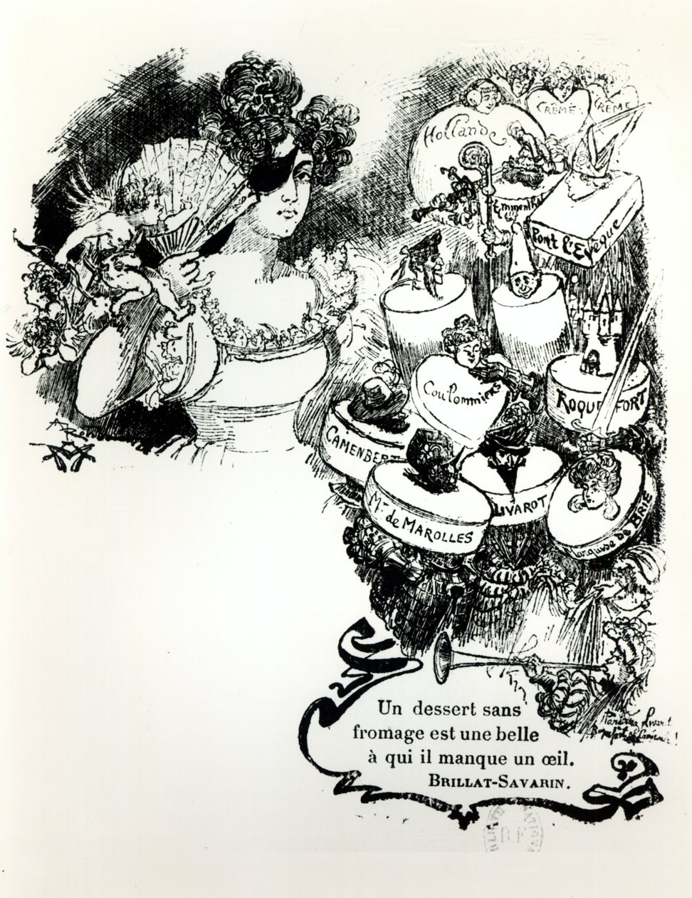 奶酪，1907年“L&39;Art du Bien Manger”中Brillat-Savarin的格言的插图 作者 阿尔伯特·罗比达