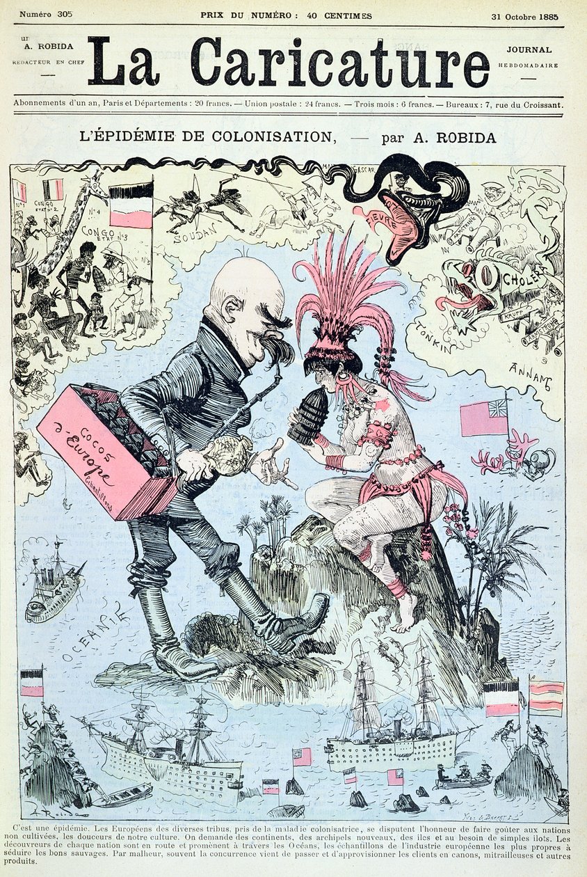 殖民化流行，来自&39;La Caricature&39;，由Yves und Barret雕刻，1885年10月31日 作者 阿尔伯特·罗比达