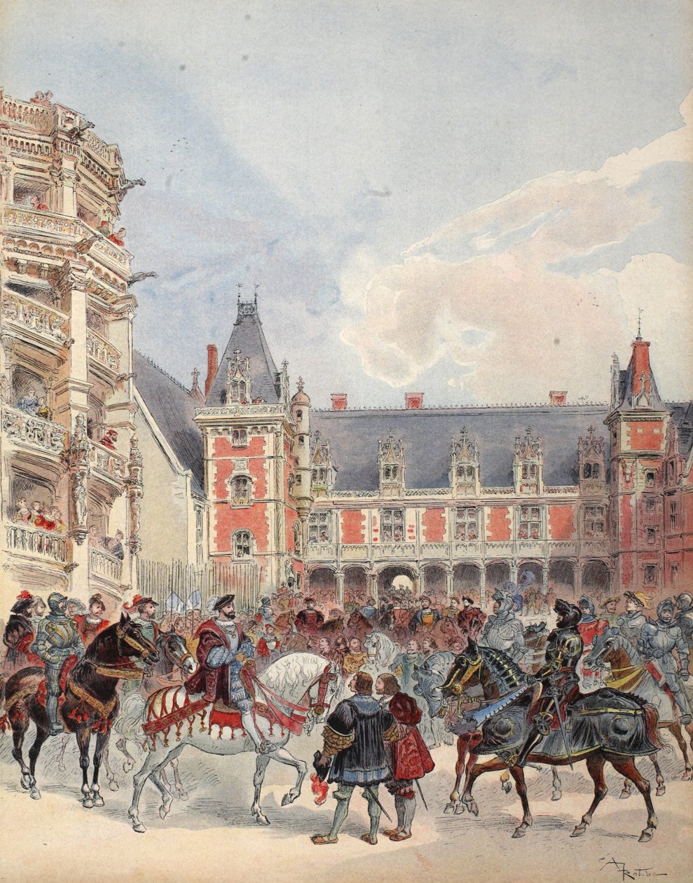 卢瓦尔河畔的法院，来自&39;Francois Ier：Le Roi Chevalier，George G. Toudouze，酒吧的插图。 1909年 作者 阿尔伯特·罗比达
