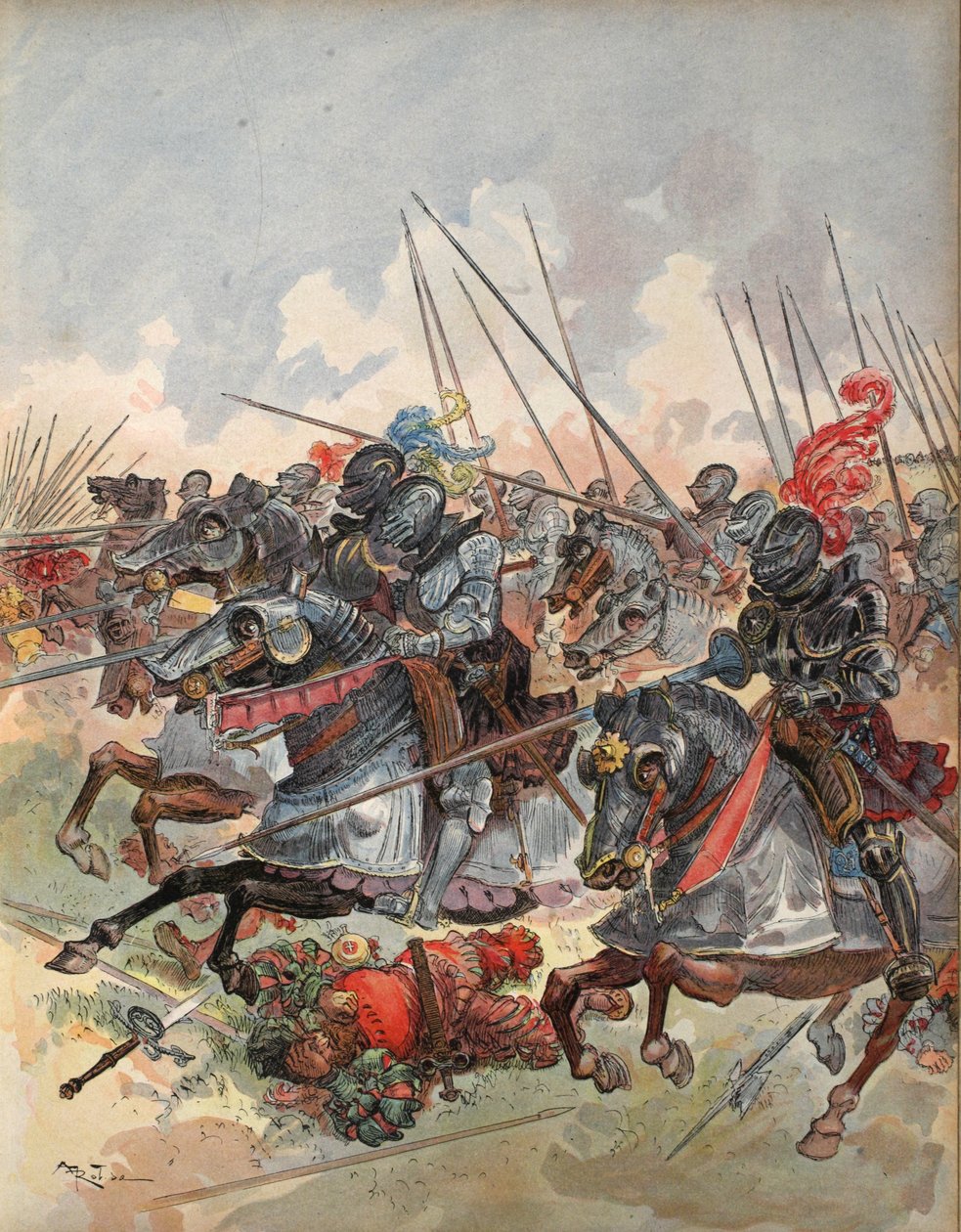 帕维亚战役中的宪兵队掩蔽炮兵，来自&39;Francois Ier：Le Roi Chevalier，来自George G. Toudouze，酒吧的插图。 1909年 作者 阿尔伯特·罗比达