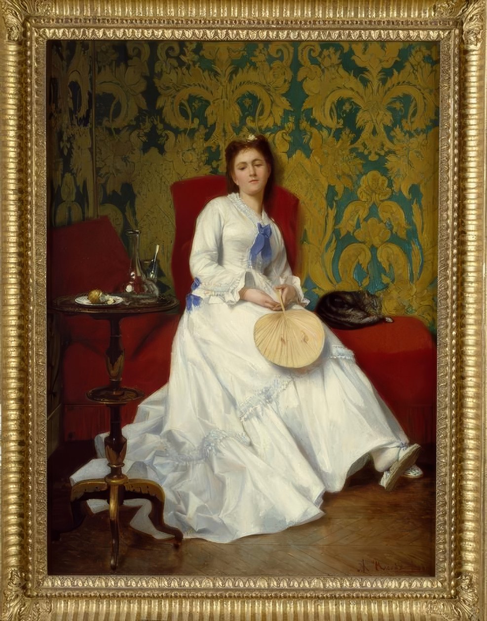 艾伯特·鲁森博姆（Albert Roosenboom），《带风扇-绘画的白衣女子》，十九世纪。 作者 阿尔伯特·鲁森布姆