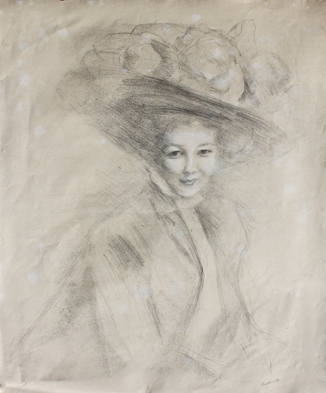 一个充满帽子的女人的画像装饰着平纹细布，c.1905（黑色粉笔与纸上的白色亮点） 作者 阿尔伯特·德·贝勒罗什
