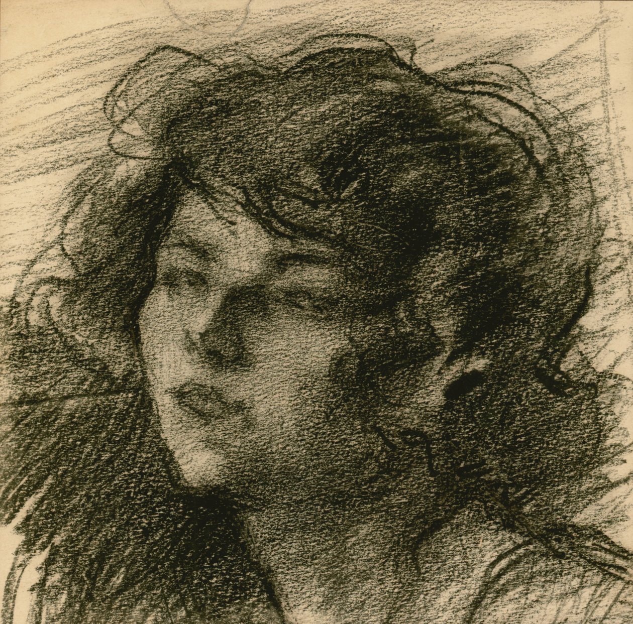一个年轻女子的肖像，下巴略微凸起，c.1900（黑色粉笔和平版蜡笔） 作者 阿尔伯特·德·贝勒罗什