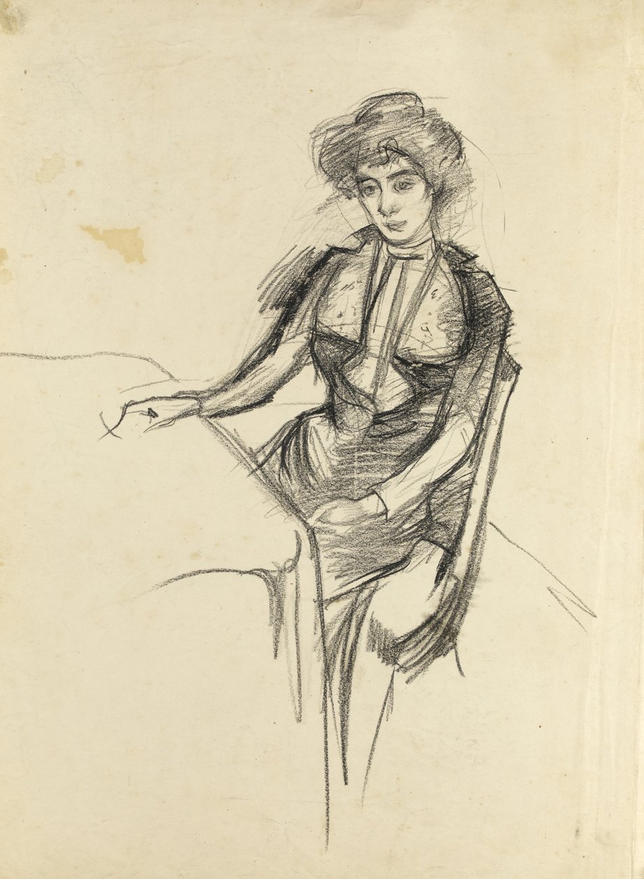 女人坐在一张桌子，c.1900（黑色粉笔在纸上） 作者 阿尔伯特·德·贝勒罗什