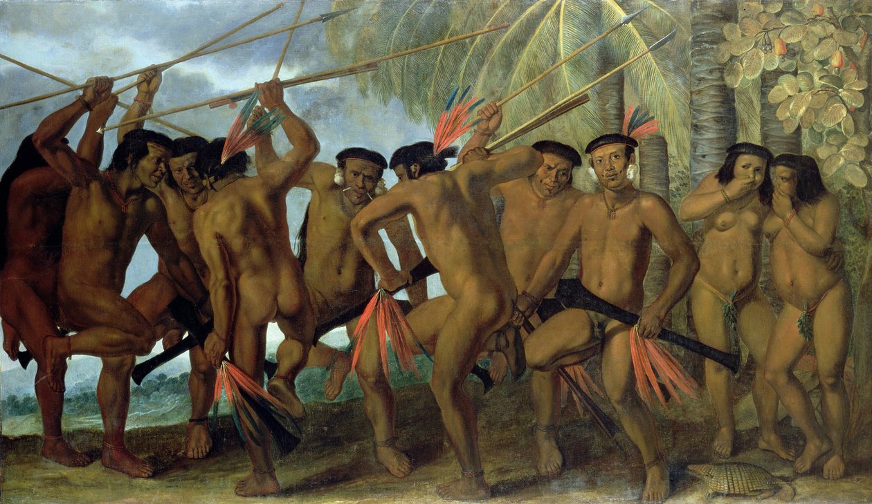 巴西东北部的Tapuya男子参加战争舞蹈，1641年 作者 阿尔伯特·范德·埃克豪特
