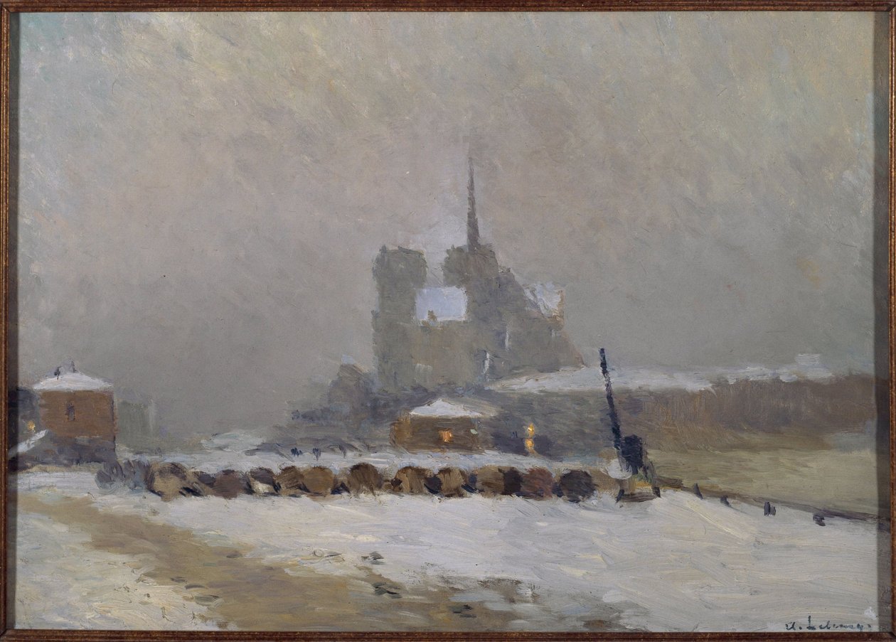 巴黎圣母院，雪景，傍晚，约 1897 年（油画） 作者 阿尔伯特·查尔斯·勒伯格