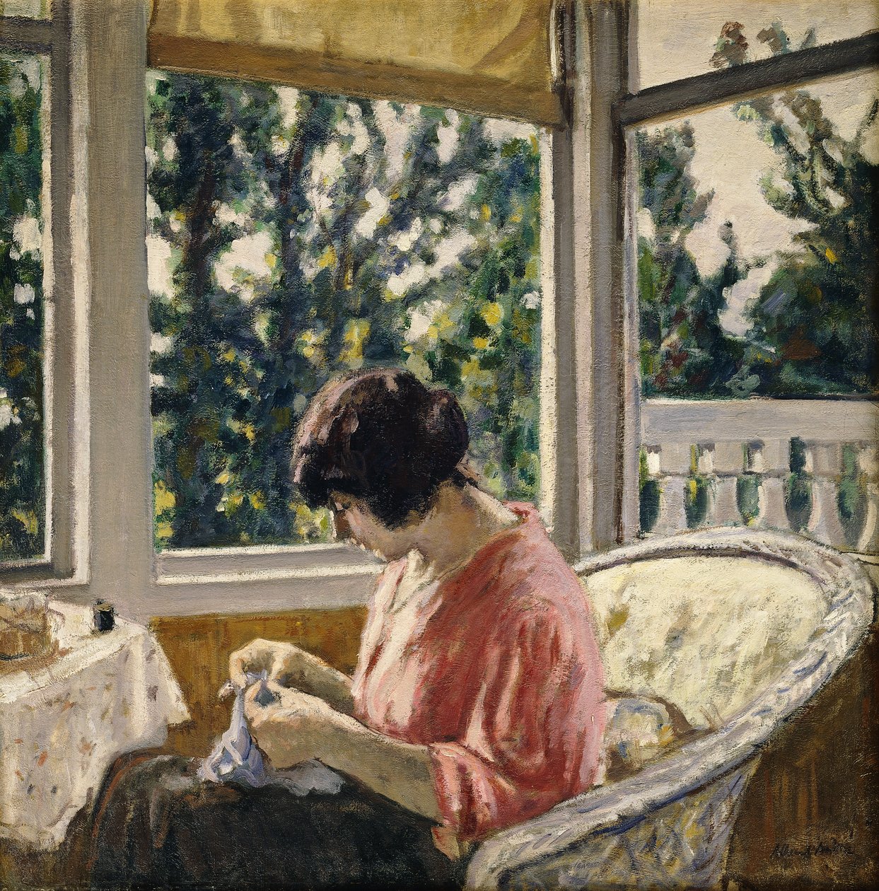 缝纫的年轻女子；Jeune Femme Cousant，约 1913 年（布面油画） 作者 阿尔伯特·安德烈