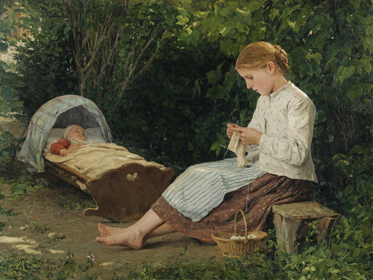 编织的女孩在看襁褓中的孩子(Jeune fille tricotant en surveillant un bebe endormi dans son berceau) par Anker, Albert (1831-1910) 。布面油画，尺寸：54x70 作者 阿尔伯特·安克
