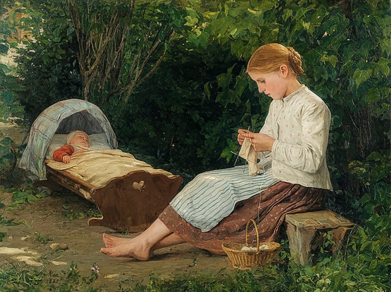 编织的女孩，趋于在摇篮的小孩。 1885年 作者 阿尔伯特·安克